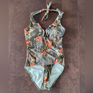 Tropical Green floral halter neck bathing suit